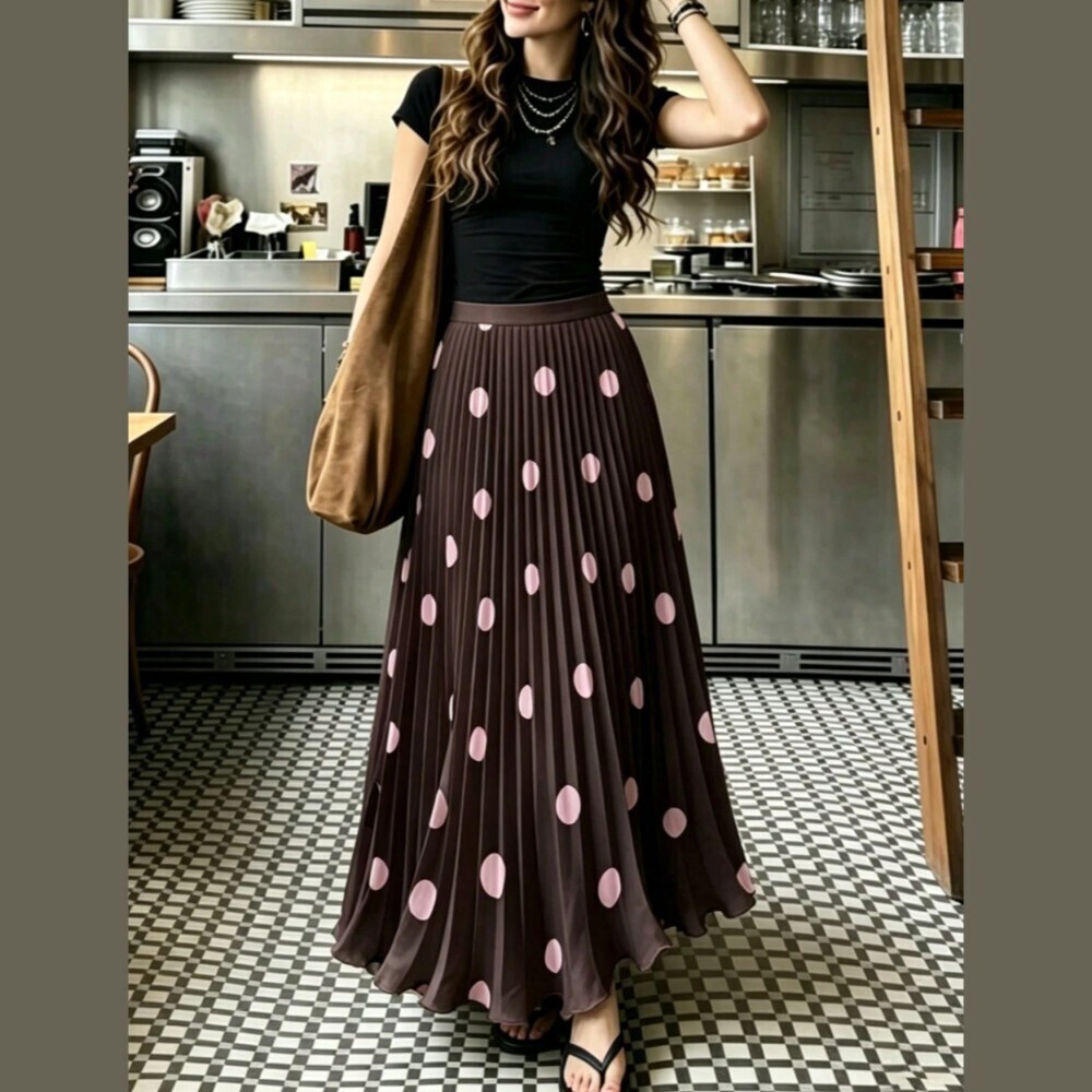 Brown Polka Dot Pleated Maxi Skirt with Pink Dots